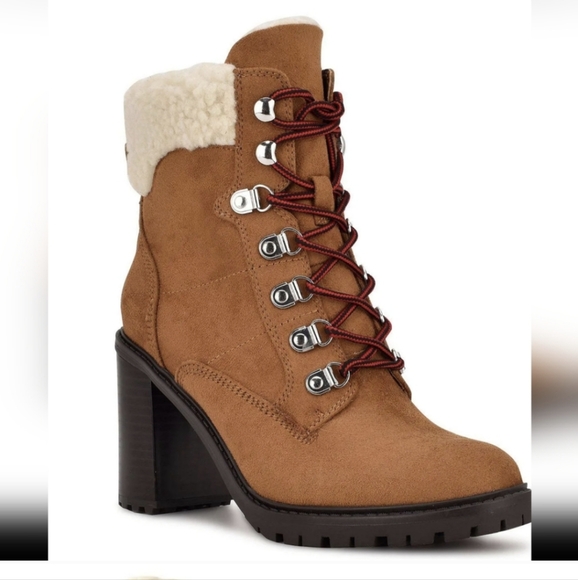 Nine West Peer 2 Sherpa Cuff Ankle Boots 9 M Construction Boot Look Heeled - Picture 1 of 14
